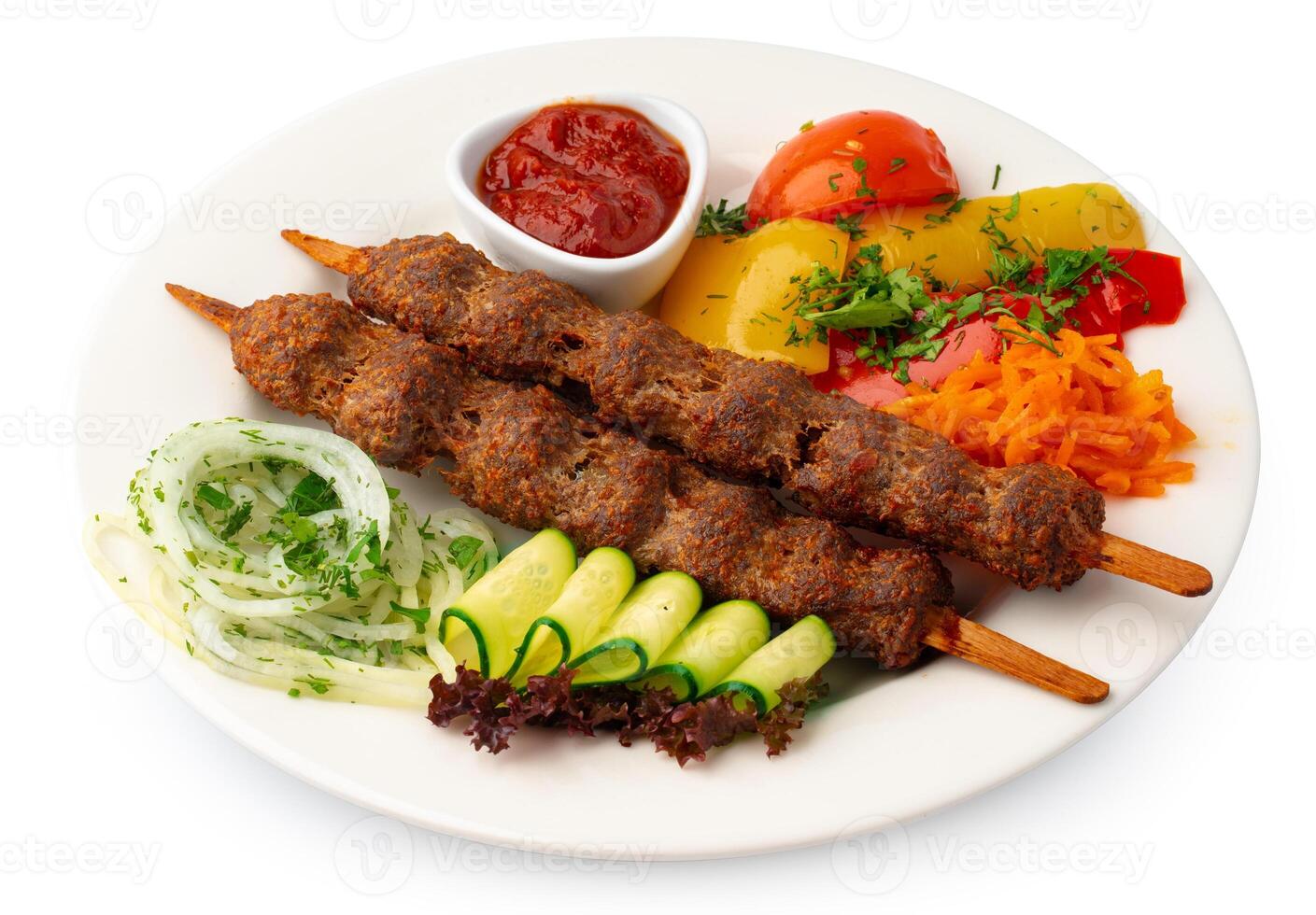 Grilled lula kebab on stick on white background isolated photo
