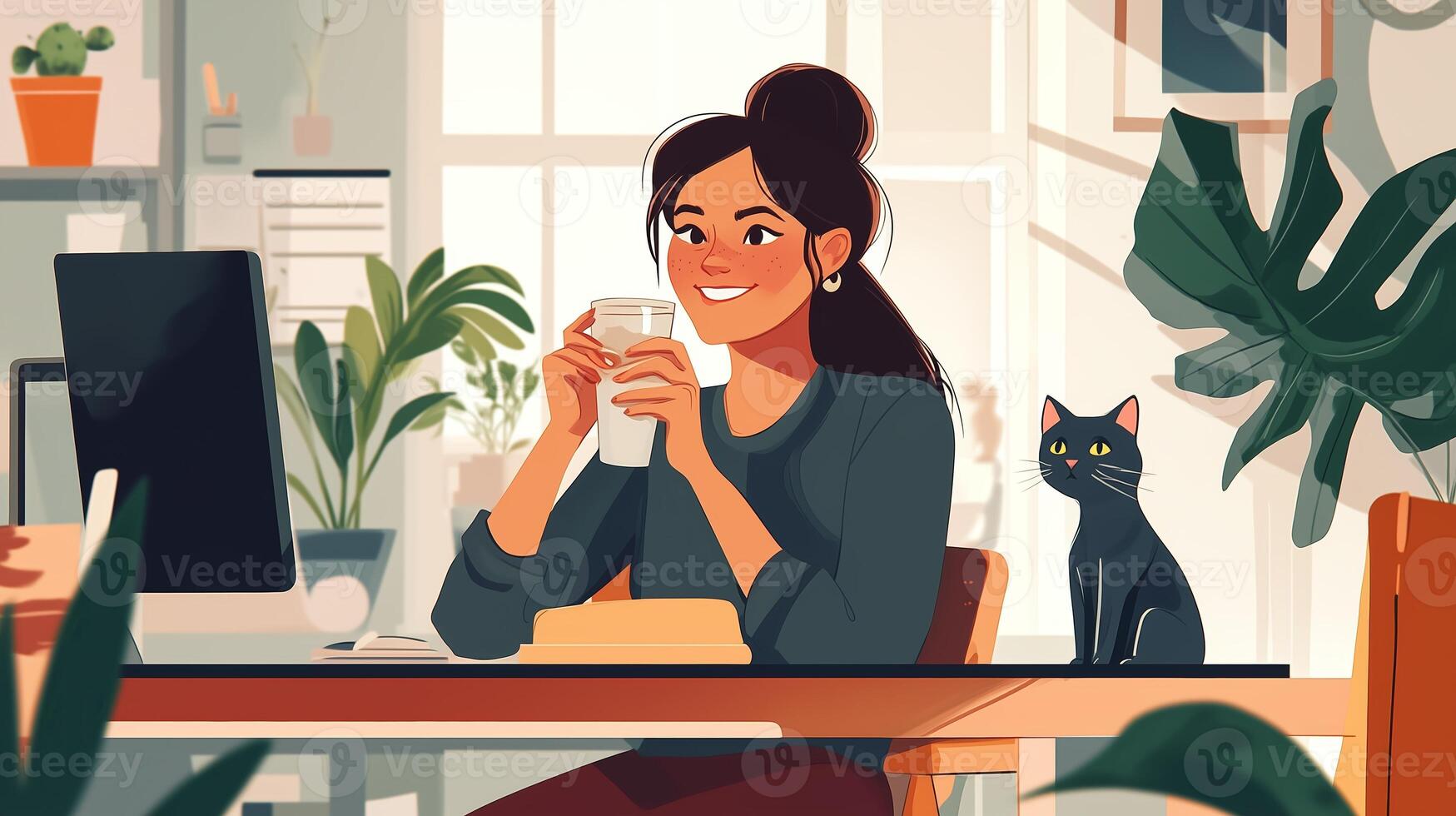 A young woman enjoys a refreshing drink while working at her desk with a cat beside her in a cozy indoor space filled with plants photo