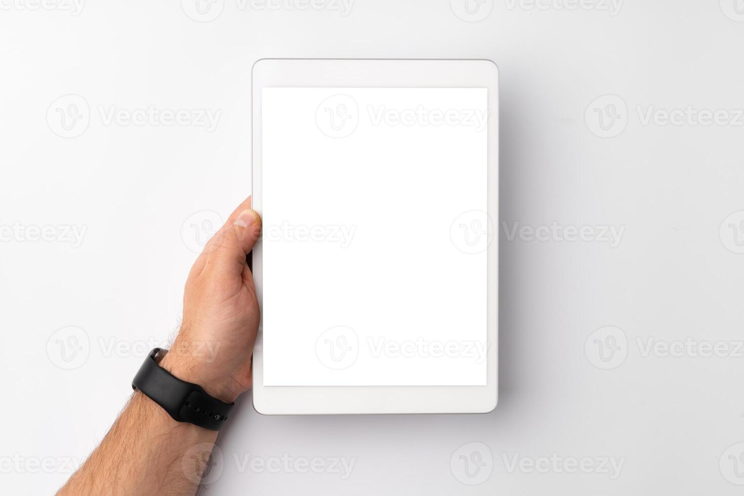 Digital tablet computer close up, man using tablet with hands photo