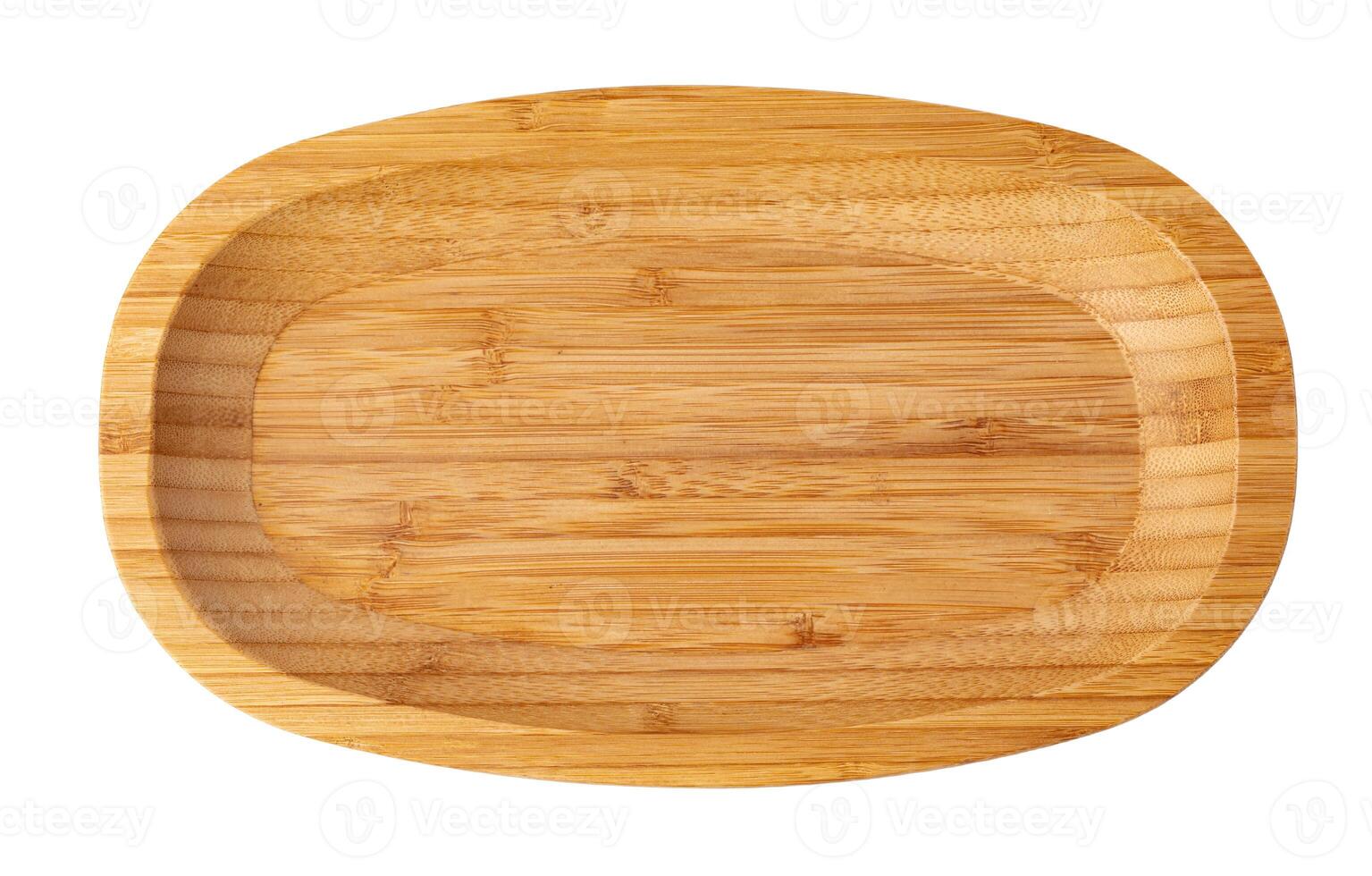 Wooden plate isolated on white background, close up photo