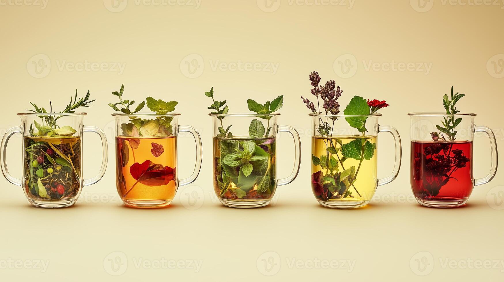 Herbal tea blends in clear cups arranged on a pale background showcasing vibrant colors and various fresh ingredients photo