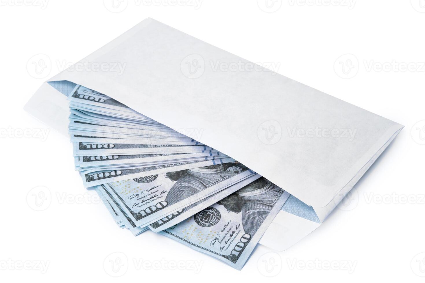 new mail envelope with dollars inside isolated on white background. photo