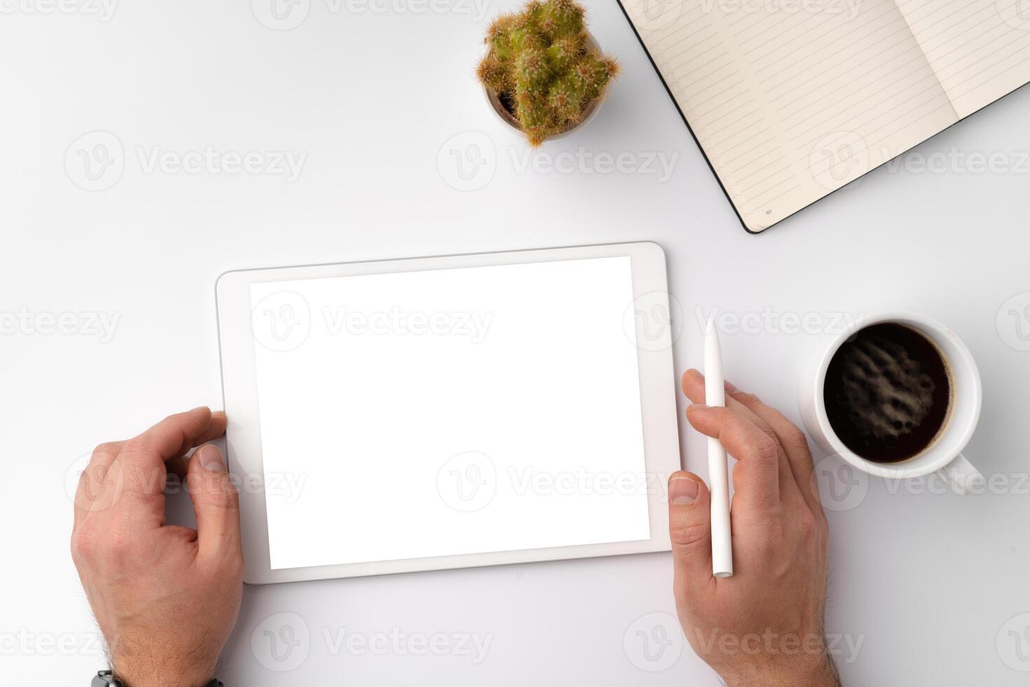 Digital tablet computer close up, man using tablet with hands photo