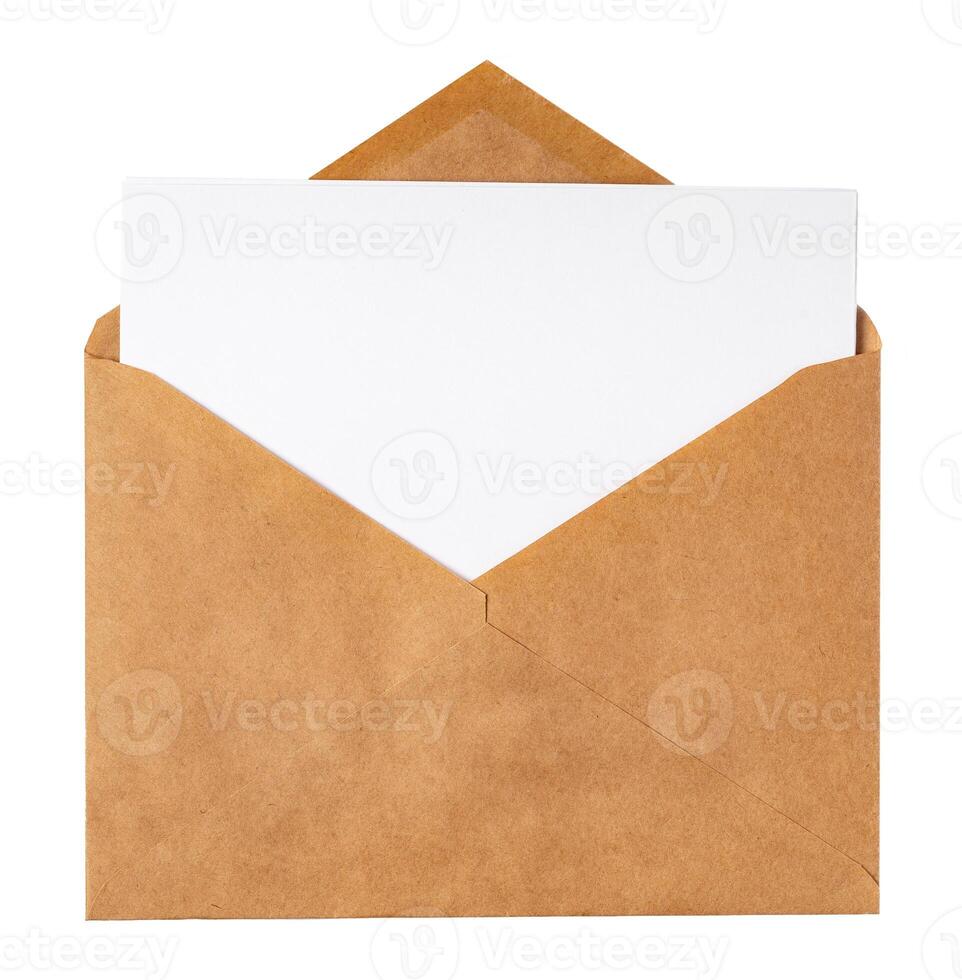 Recycled craft paper envelope isolated white background photo
