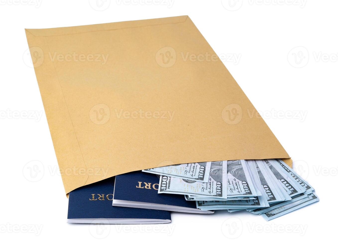 new mail envelope with dollars inside isolated on white background. photo