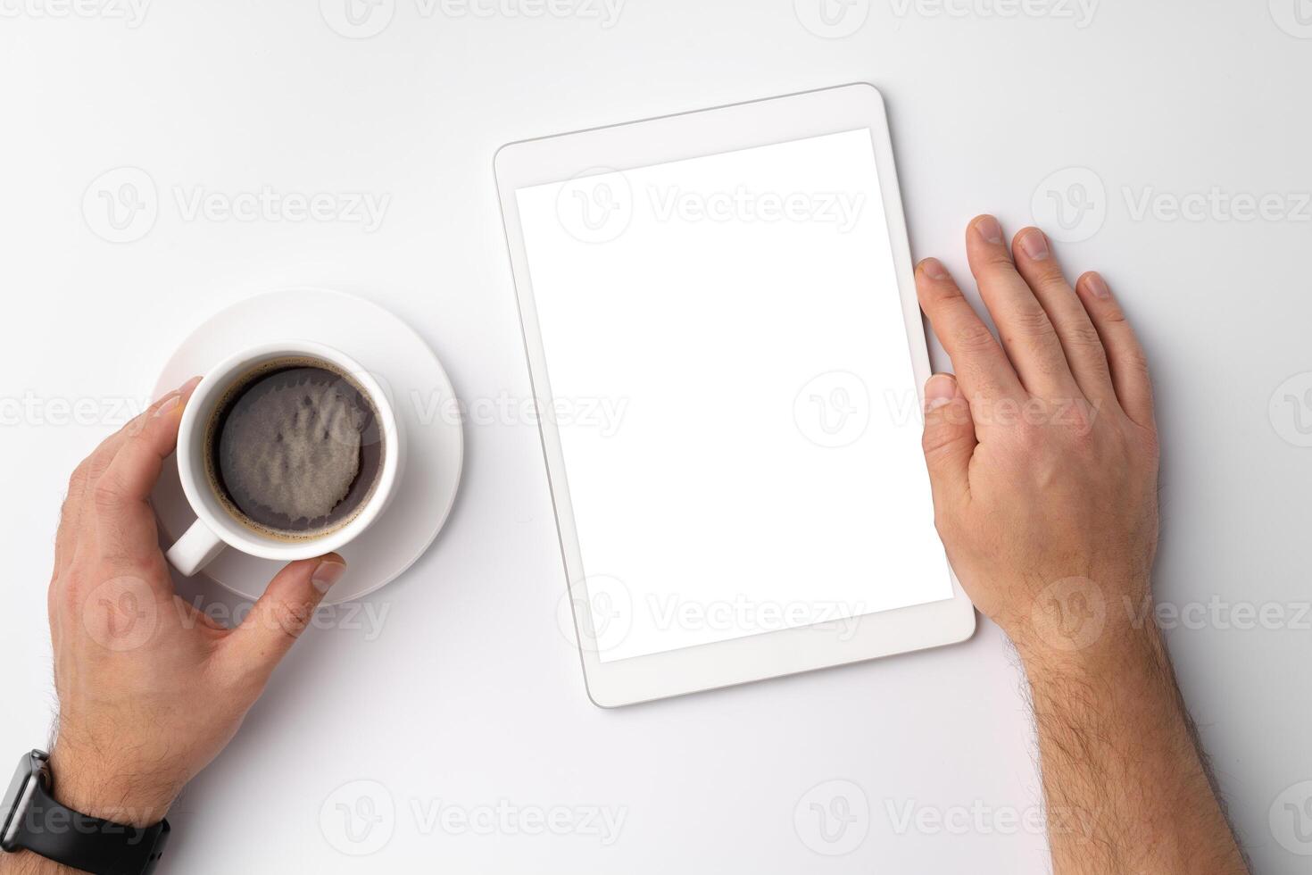 Digital tablet computer close up, man using tablet with hands photo