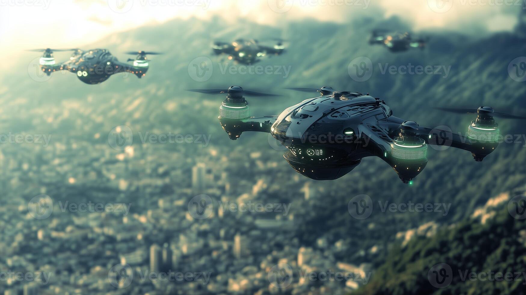 Futuristic drones flying over a cityscape with mountains in the background during the golden hour of dusk photo
