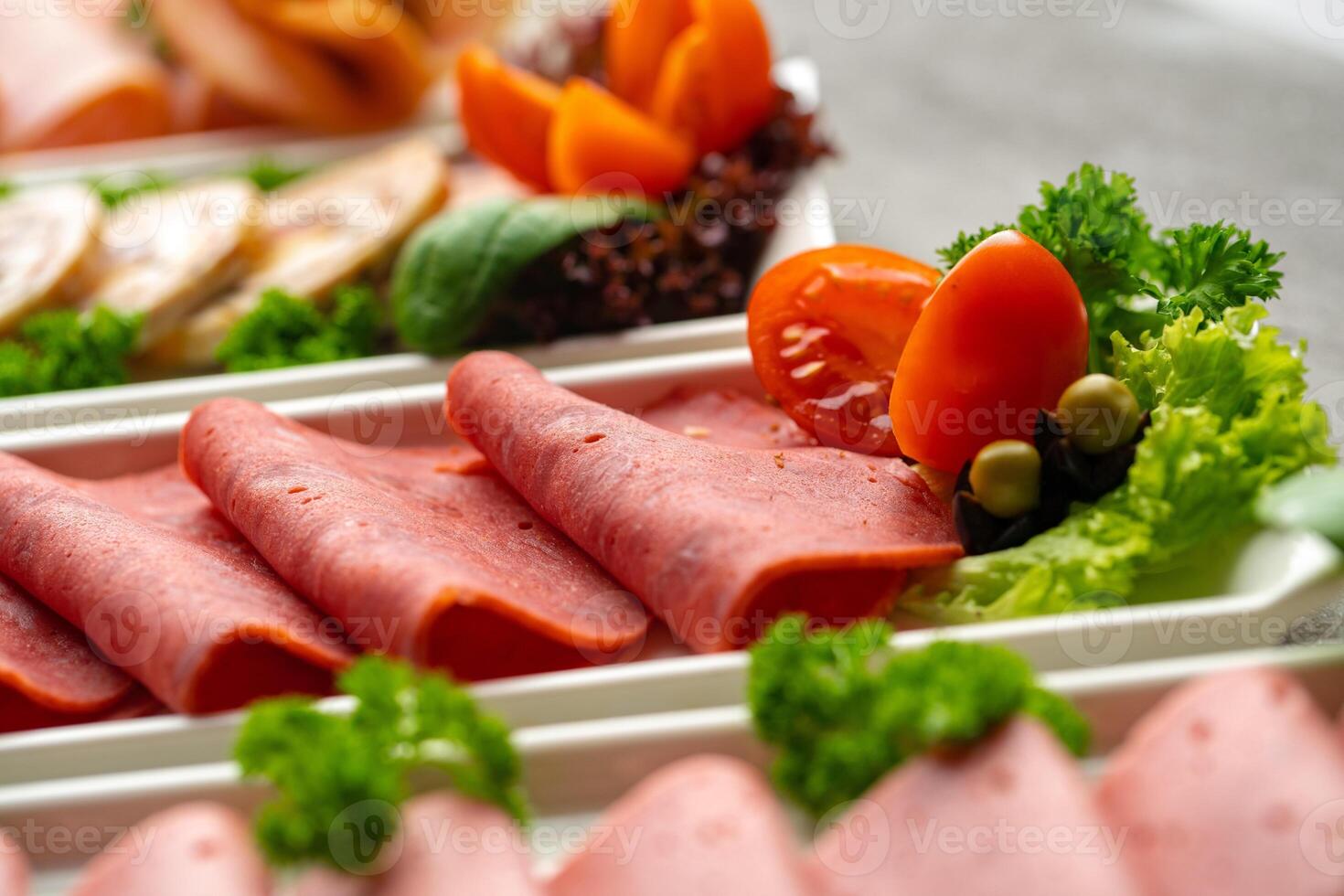 Platter of fresh meat cold cuts with vegetables. photo