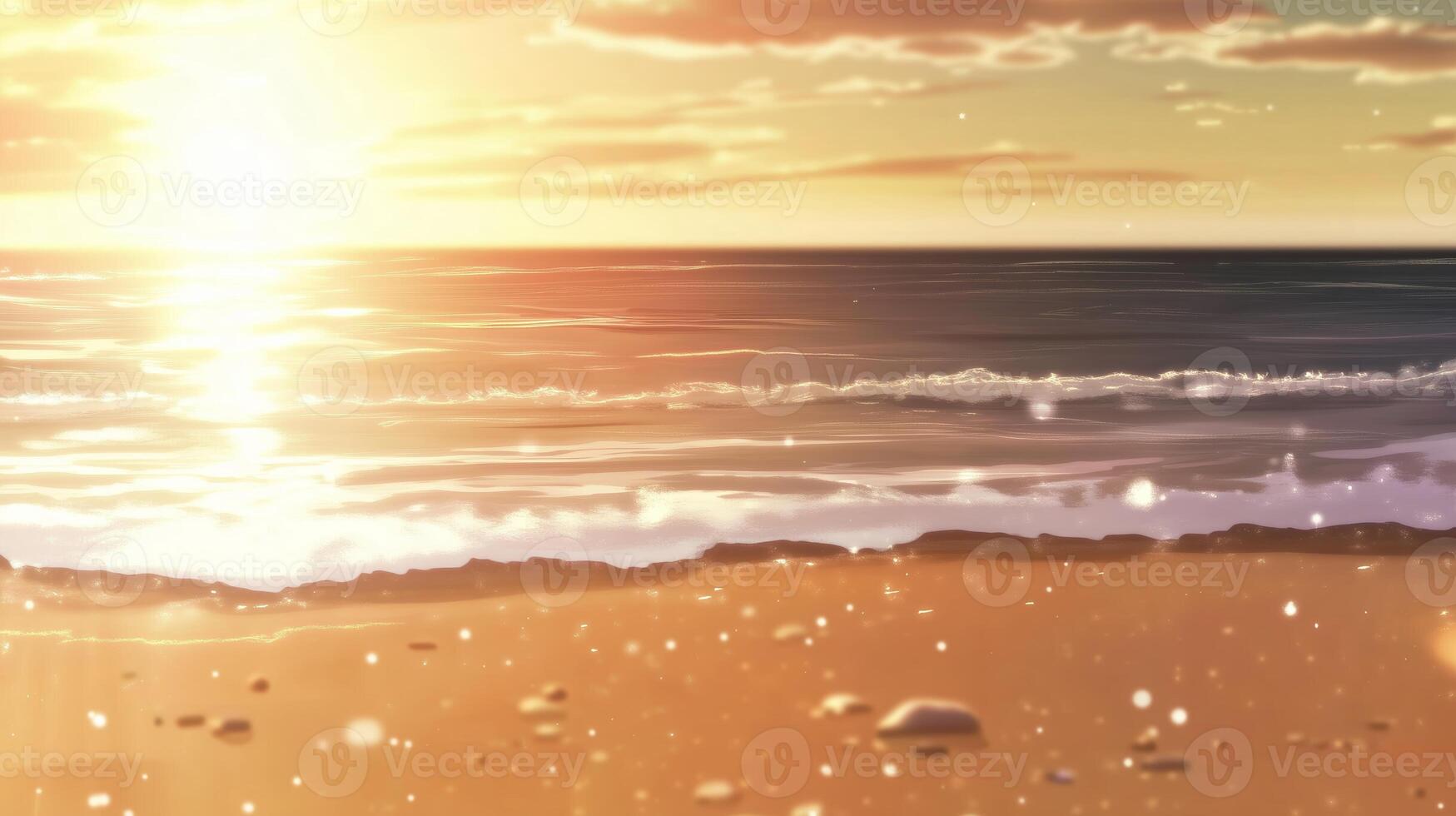 Sunset over a tranquil beach, waves lapping gently on golden sand during a serene evening photo