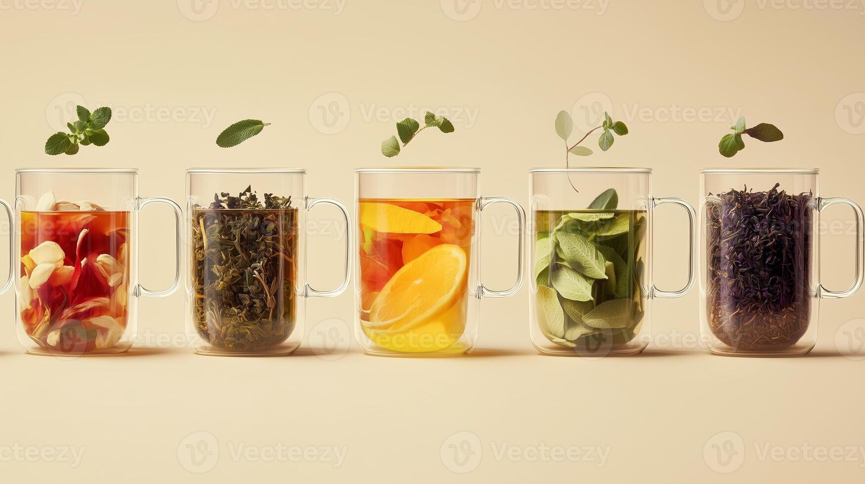 Variety of herbal and fruit teas displayed in transparent mugs with fresh herbs arranged on top, showcasing vibrant colors and textures photo