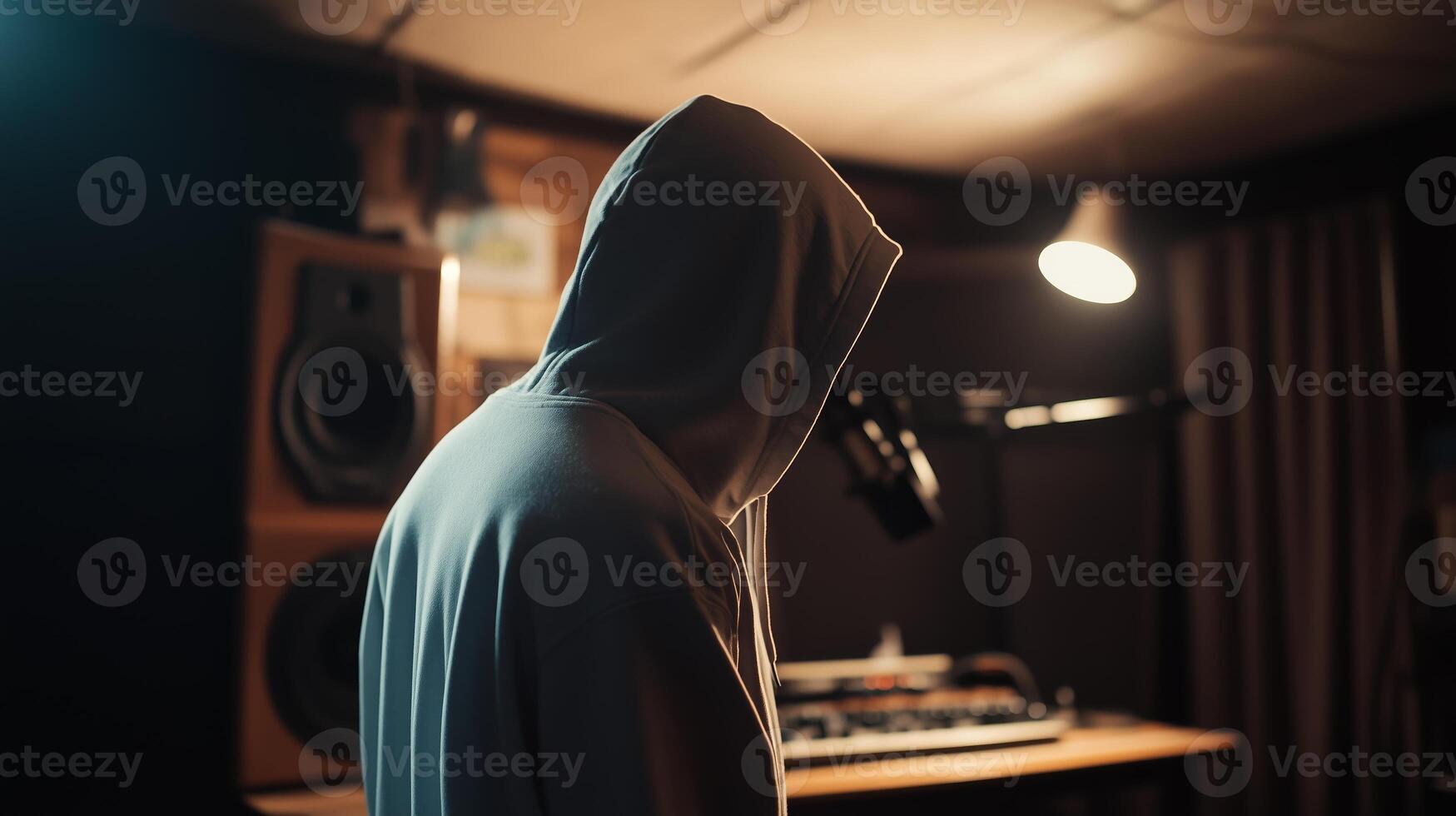 A hooded artist stands in a dimly lit recording studio, preparing to create late at night amidst equipment and instruments photo