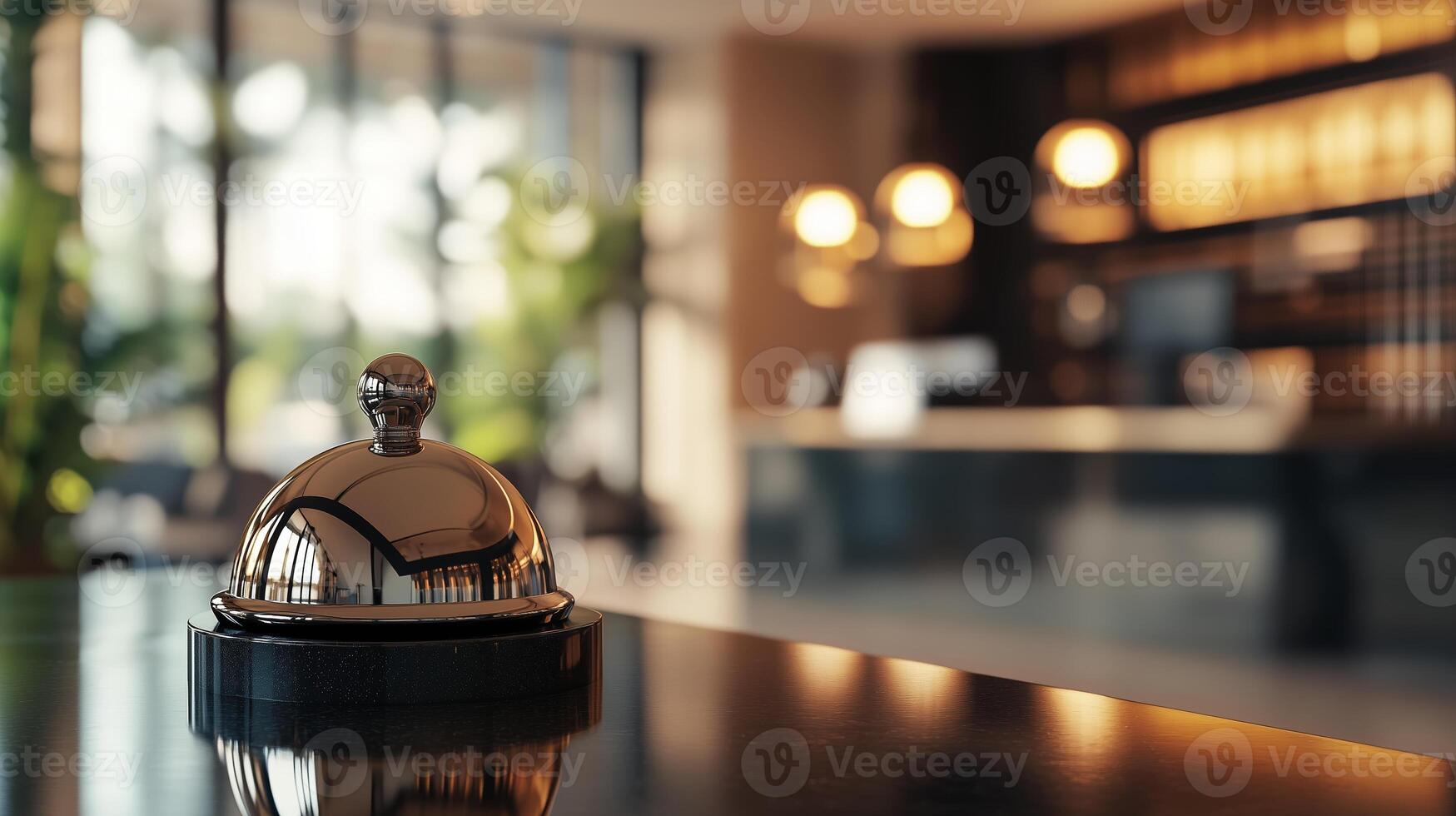 Polished reception bell on a counter in a modern hotel lobby during the daytime with warm lighting and stylish decor photo