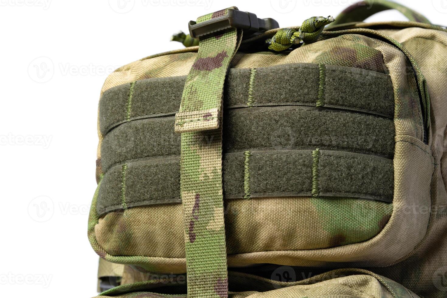 Close up still life of a green army tactical backpack photo