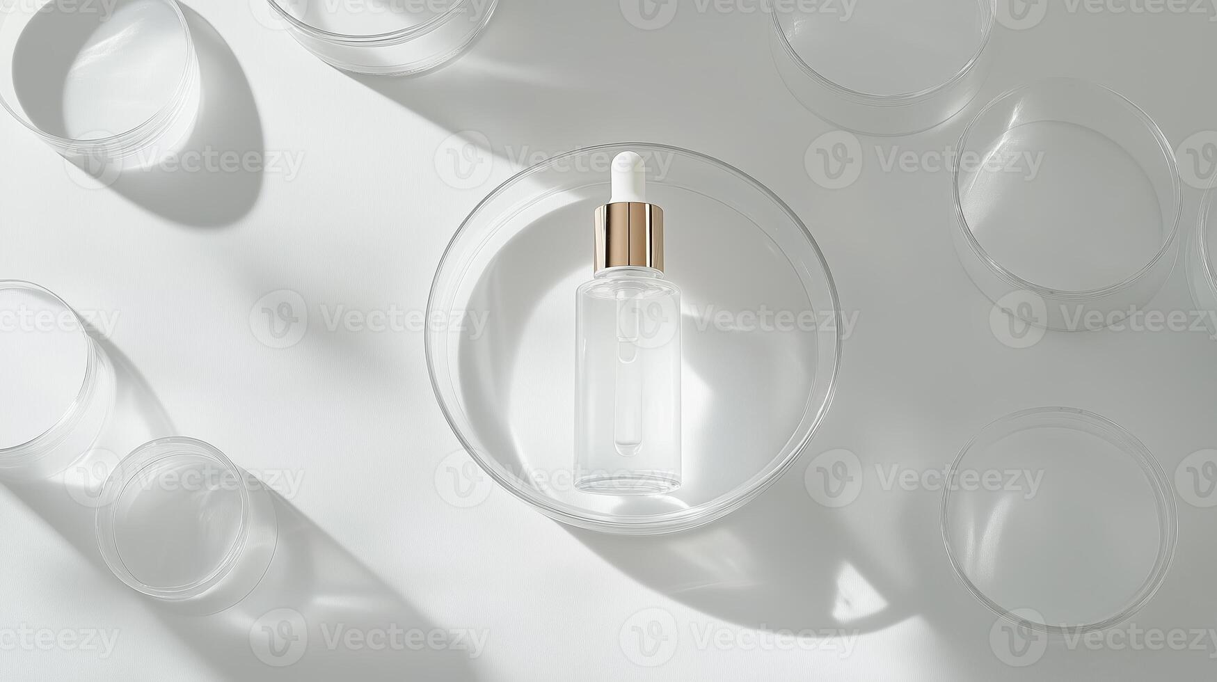 Clear glass serum bottle placed on a reflective surface surrounded by circular containers in soft natural light photo