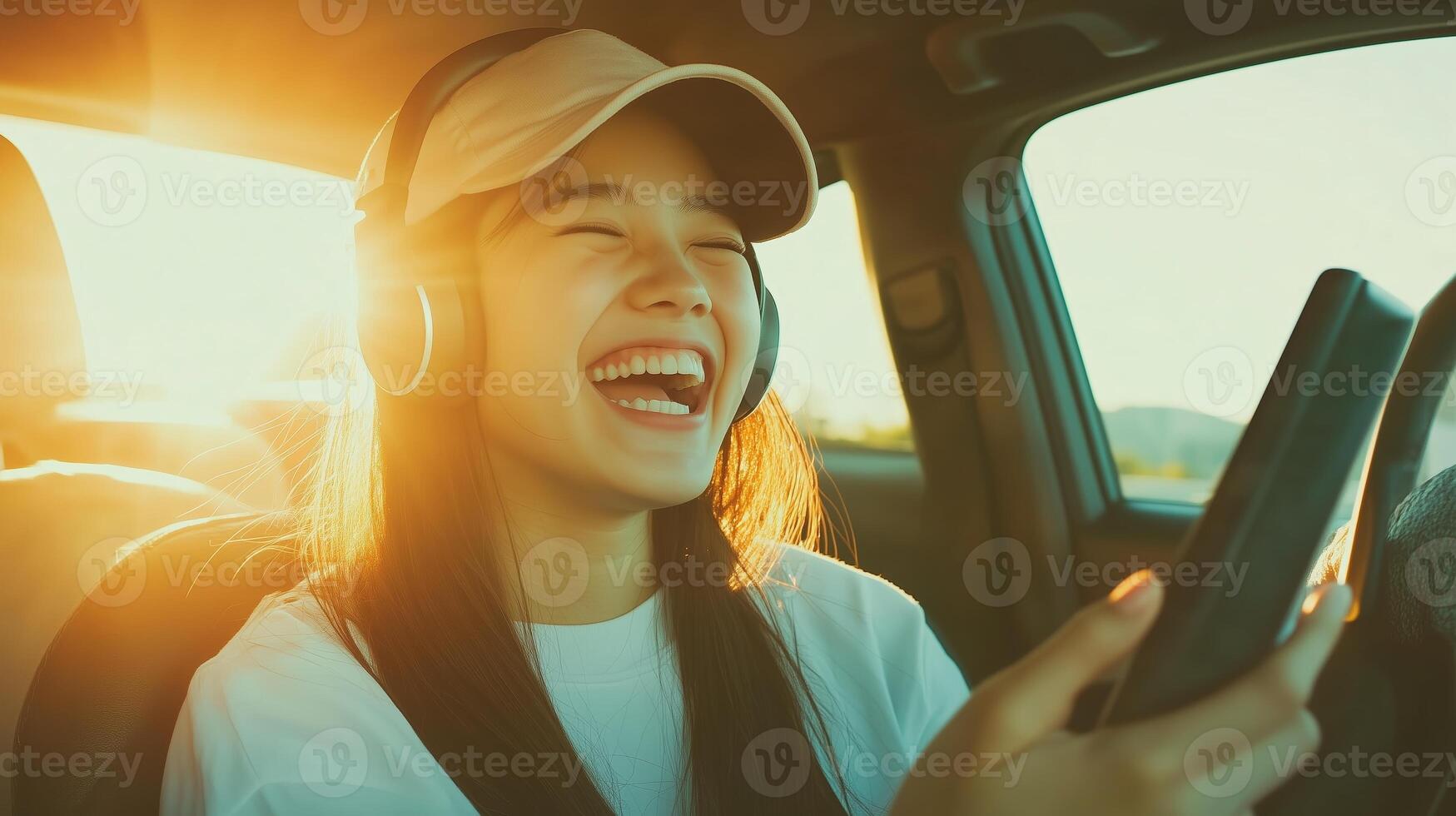 Joyful young woman enjoying music while driving at sunset in a car, showcasing excitement and freedom during a perfect evening photo