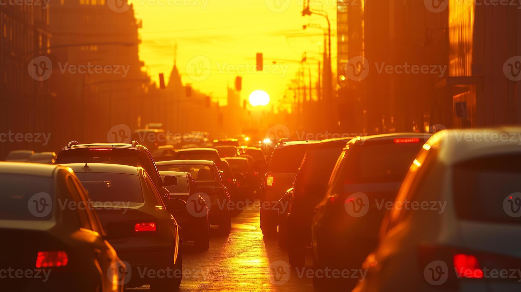 Busy city street at sunset with vehicles stopped in traffic and the sun setting behind buildings on a warm evening photo