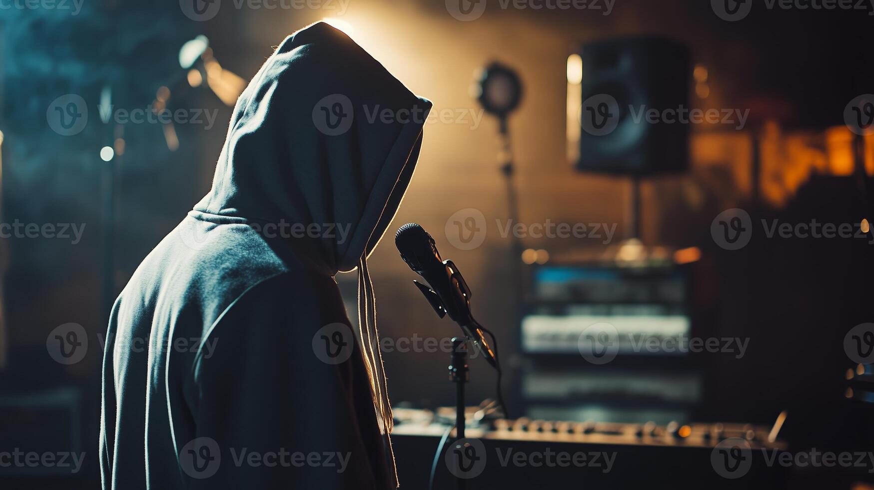 A young artist prepares to perform in a dimly lit music studio, surrounded by instruments and equipment photo