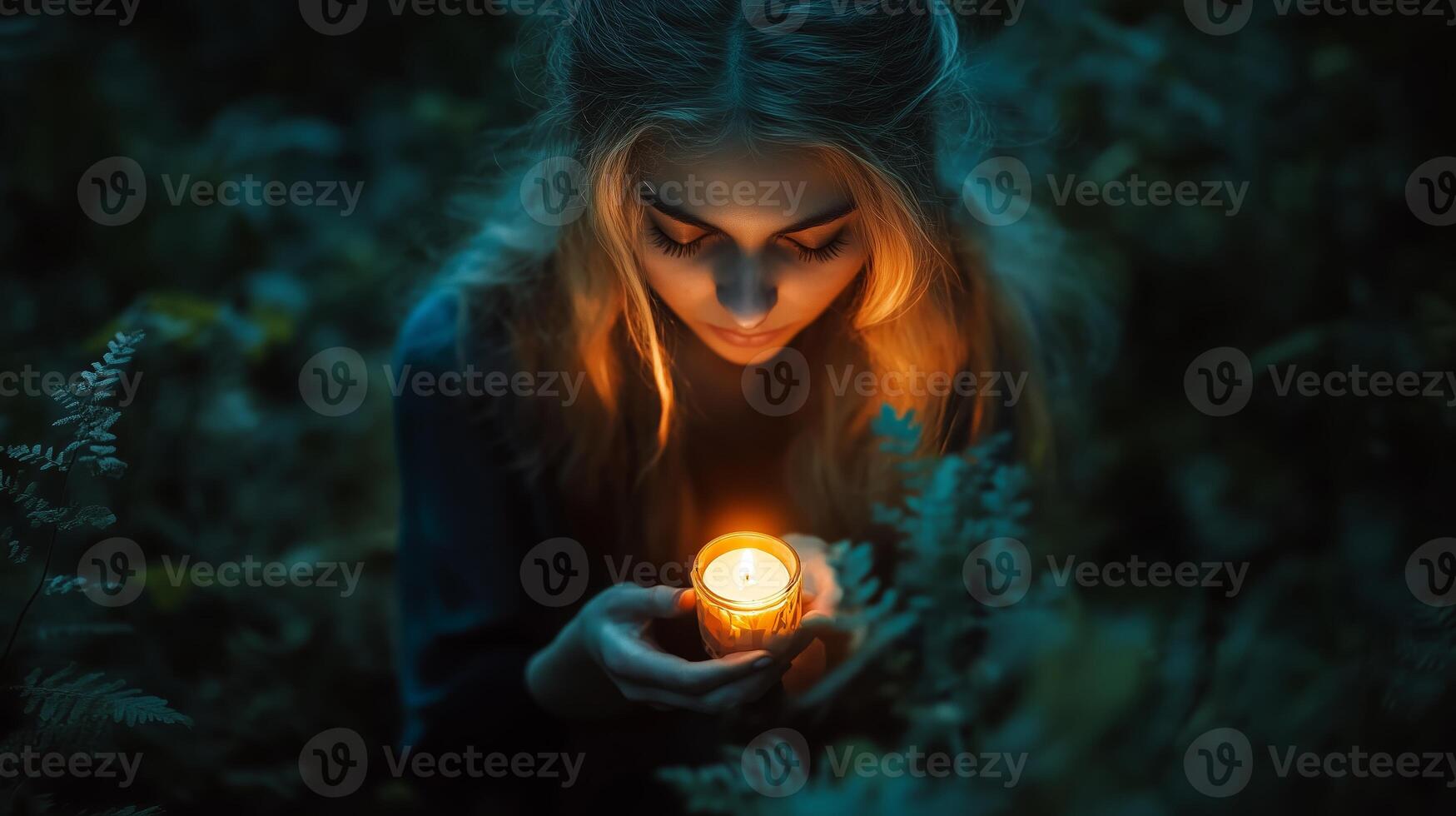 Young woman gently holding a glowing candle while surrounded by lush greenery during twilight in a tranquil forest setting photo