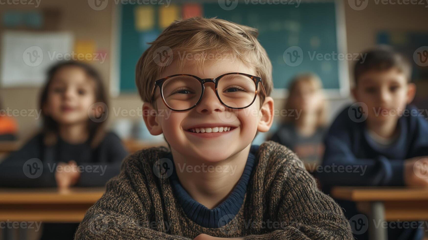Young boy with glasses smiling brightly in a classroom full of engaged classmates during a learning activity photo