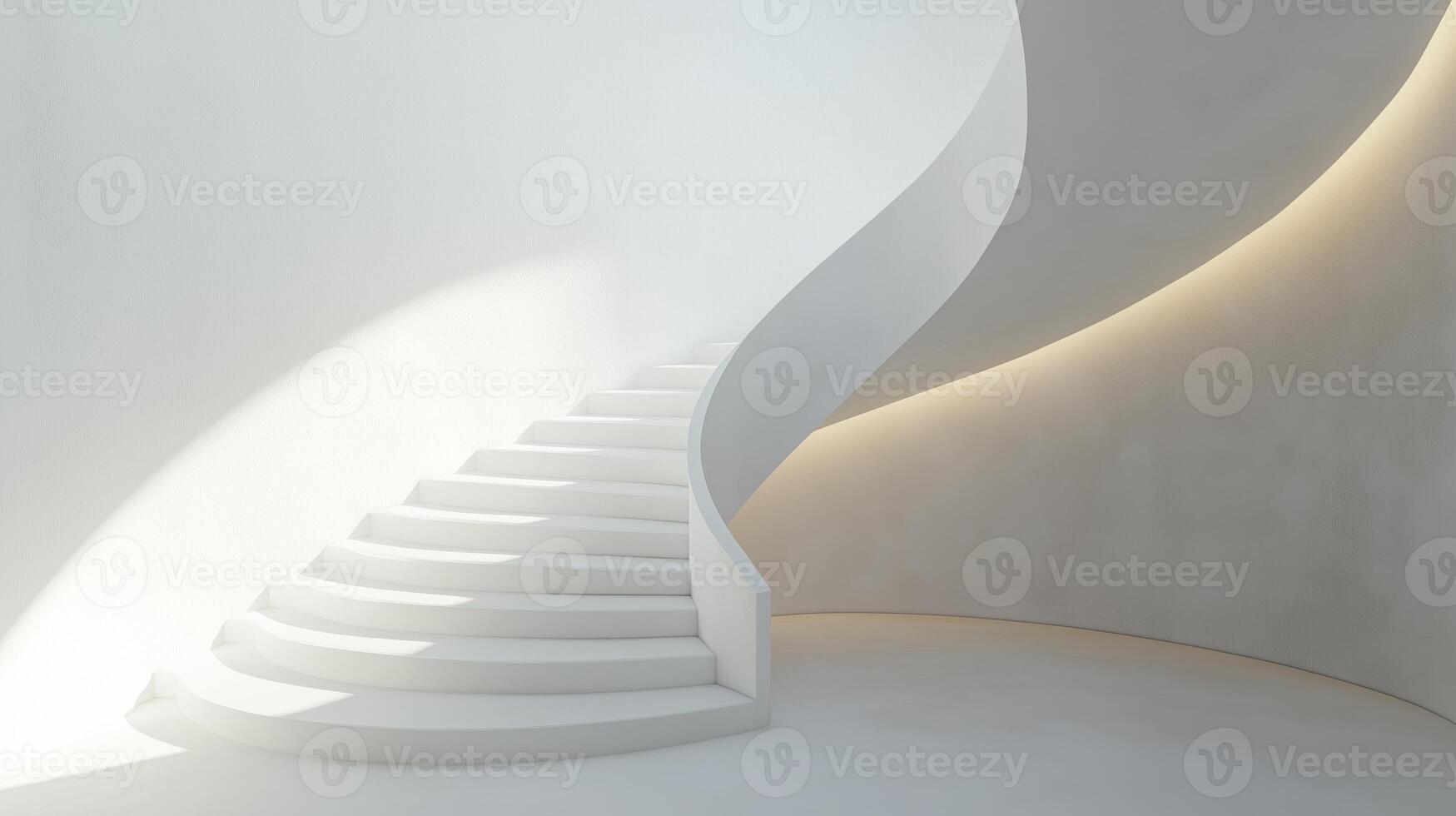Curved white staircase leading to serene light-filled space in minimalist architectural design photo