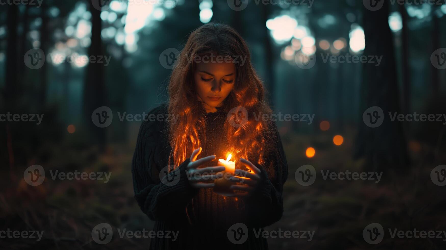 A woman holds a glowing candle in a serene forest at twilight surrounded by a mysterious atmosphere photo