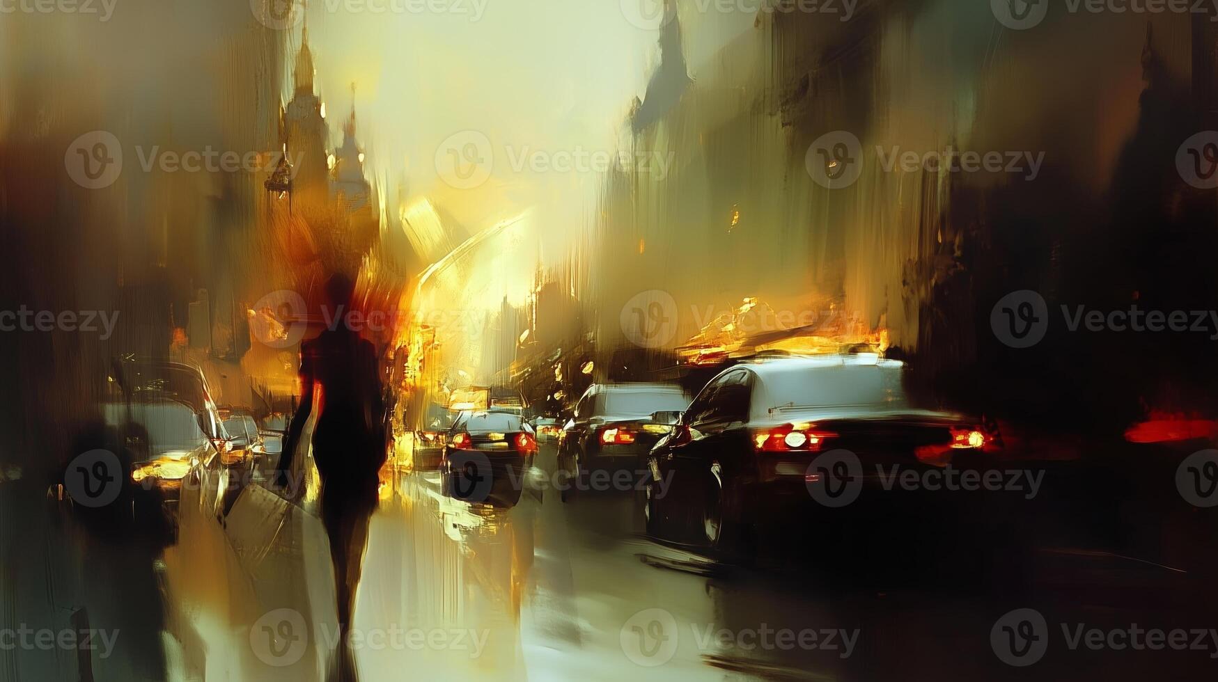 A woman walks through a rainy urban street at dusk, surrounded by blurred city lights and passing cars, creating a dreamlike atmosphere photo