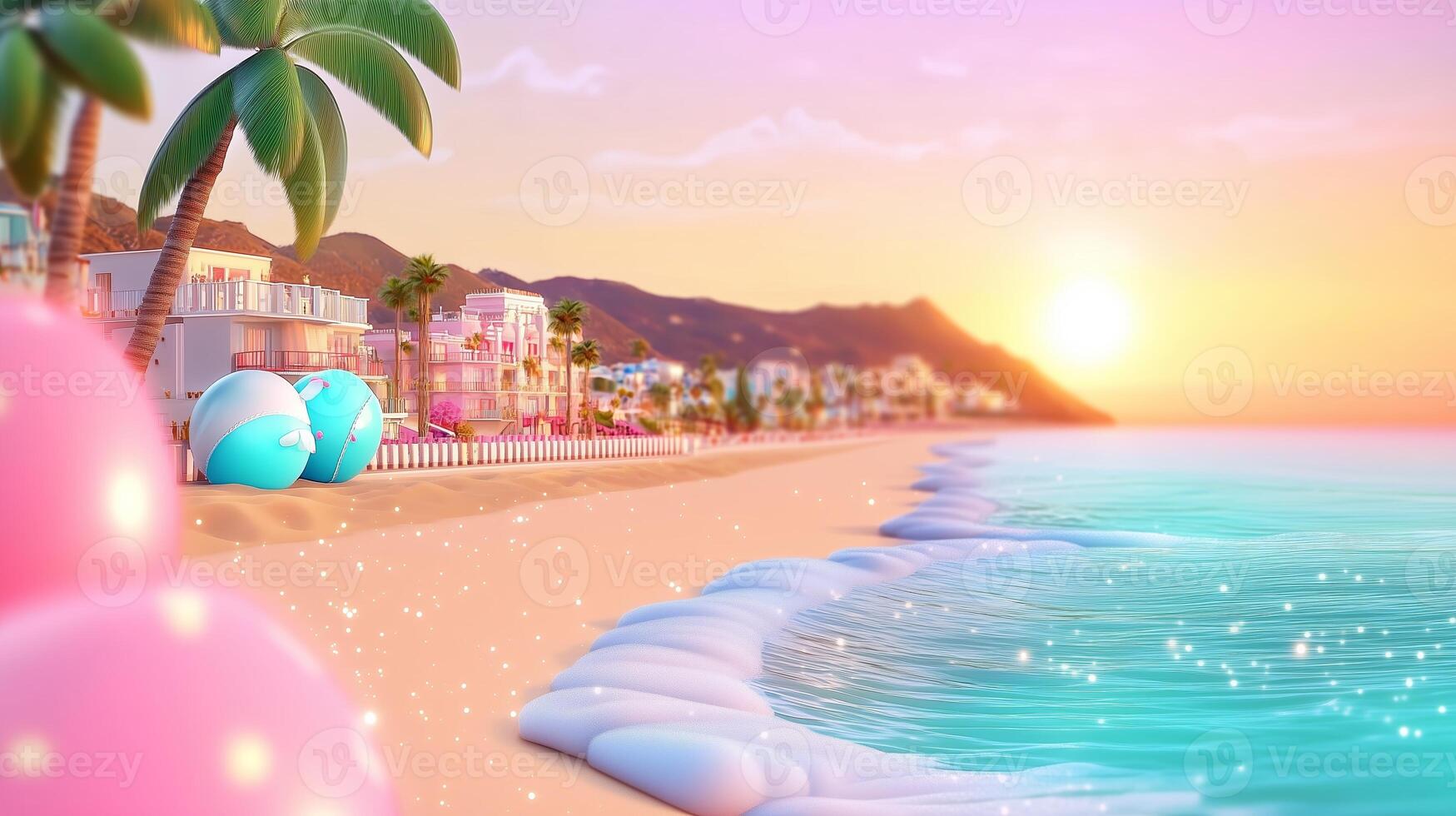 Colorful beach scene at sunset with pastel eggs and palm trees along the shoreline in a vibrant tropical location photo