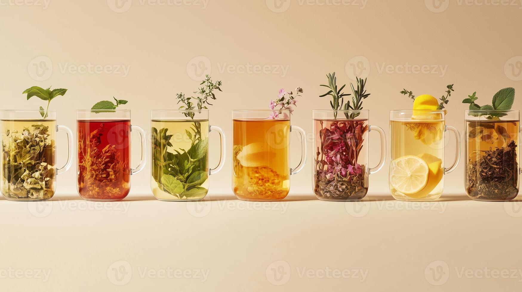 Herbal teas steeping in various glass mugs with fresh herbs and fruits displayed in a clean, light setting photo
