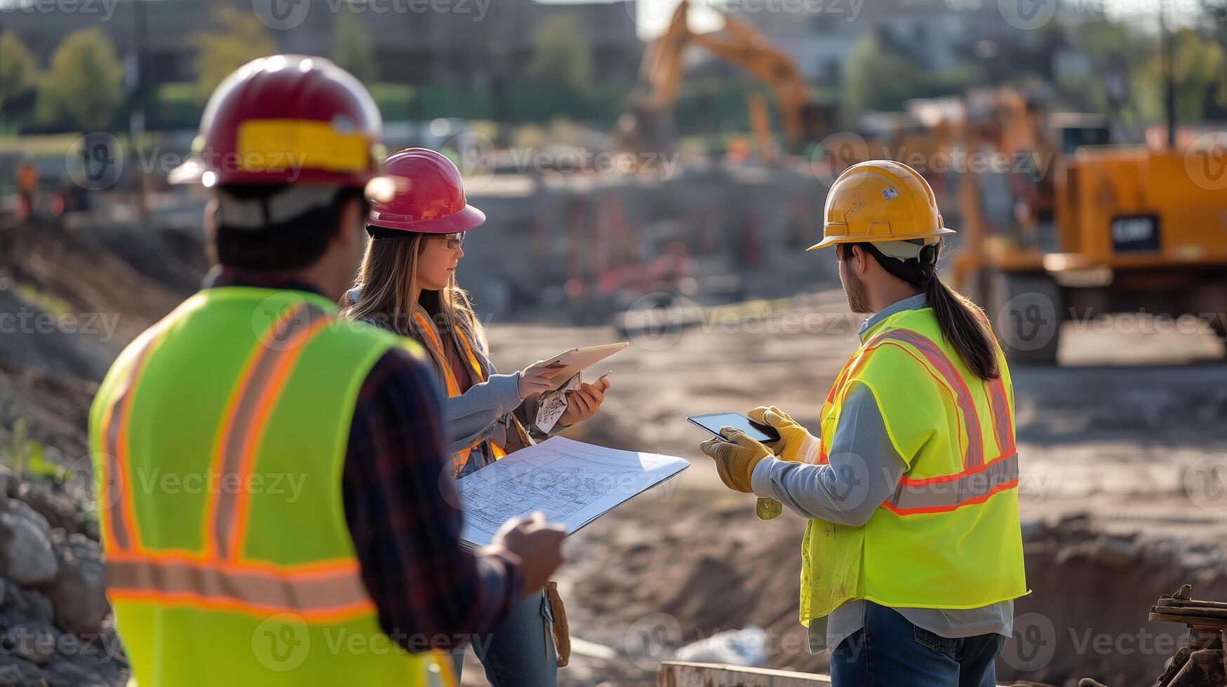 Construction workers collaborating on site plans during a sunny day at a busy construction site in an urban area photo