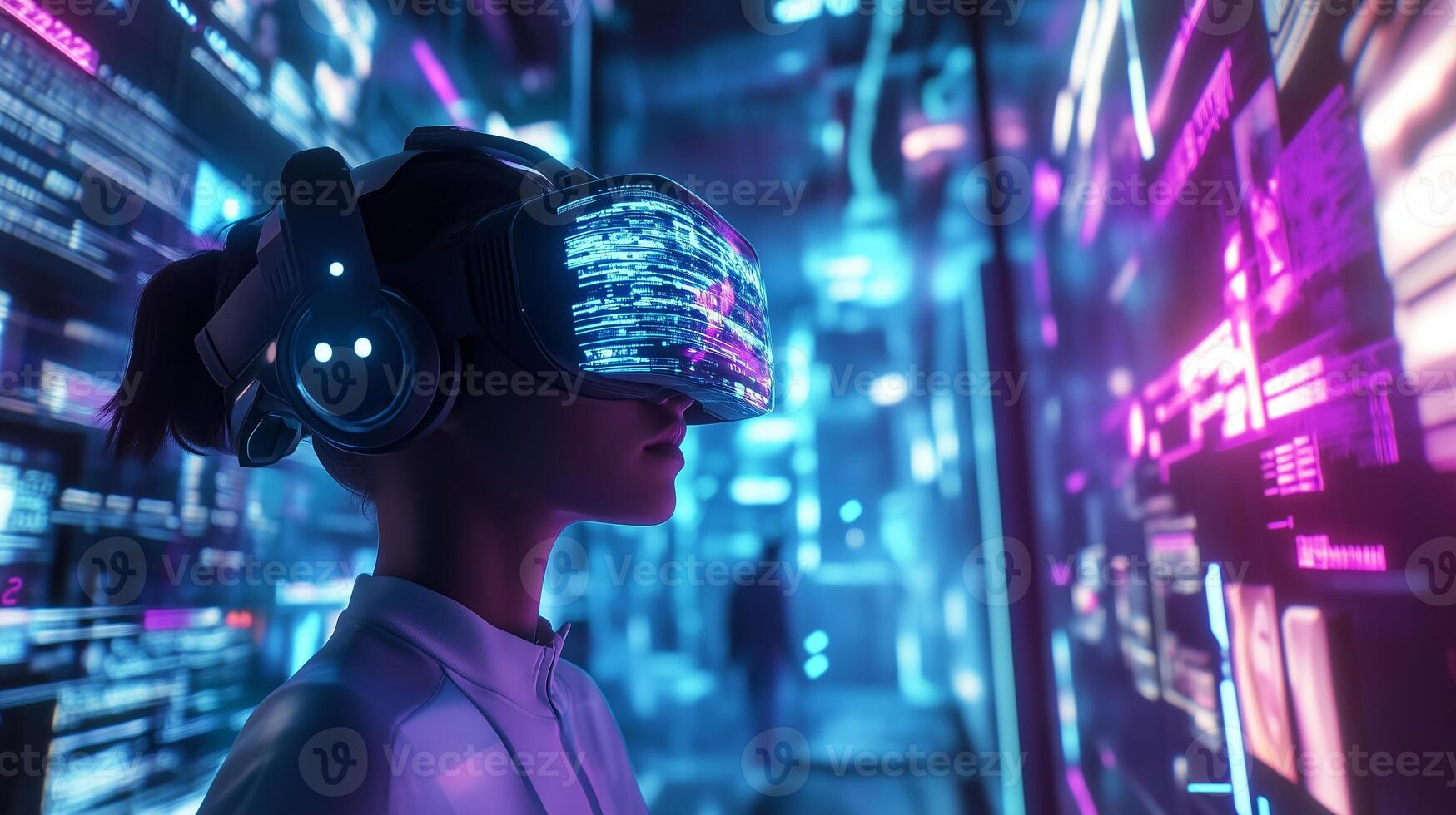 A person experiences virtual reality in a futuristic setting with vibrant neon lights and digital displays photo
