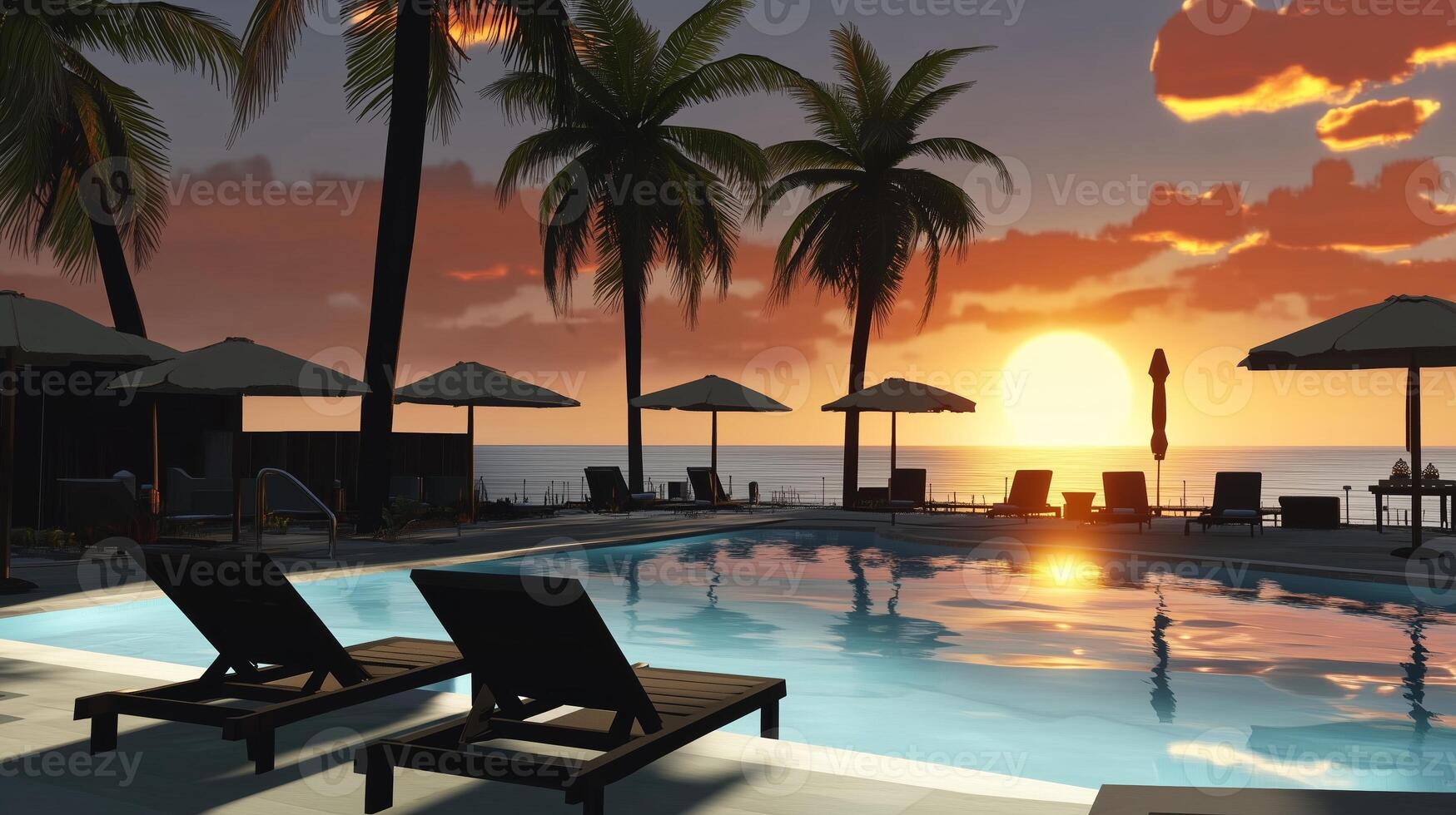 Serene sunset at a tropical resort pool with palm trees and lounge chairs along the beach photo
