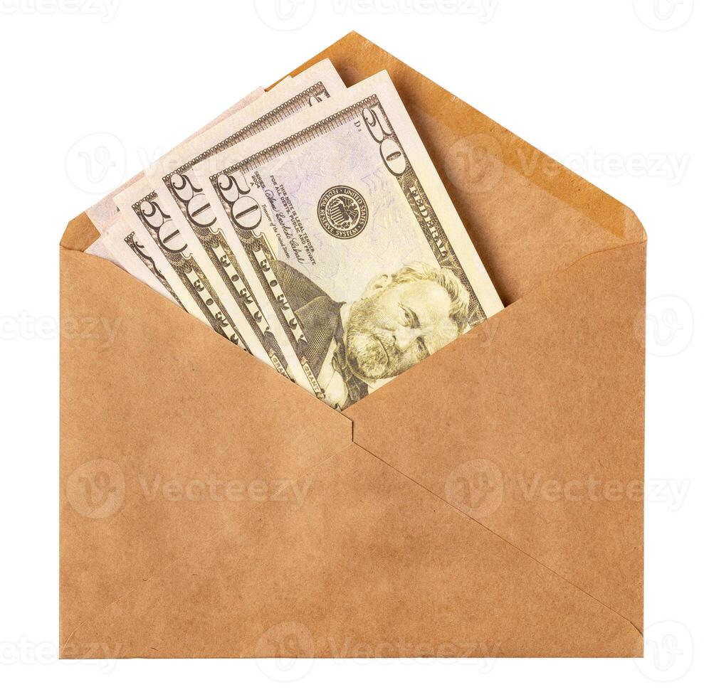 new mail envelope with dollars inside isolated on white background. photo