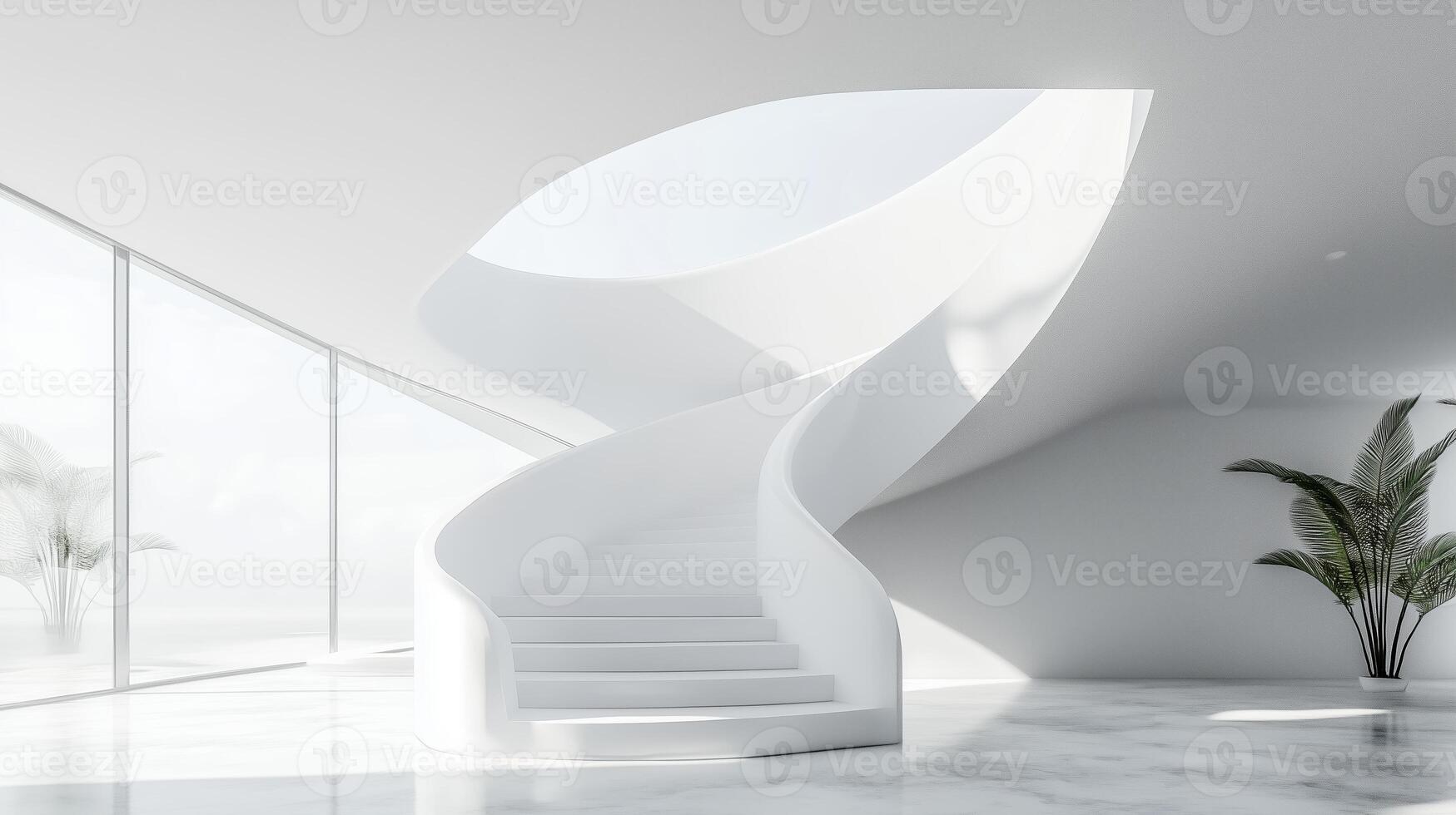Elegant spiral staircase in a modern white interior with large windows and natural light filling the space photo