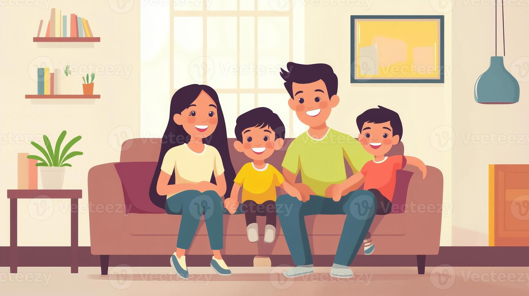 A happy family of four enjoying quality time together in a cozy living room, surrounded by cheerful decor and natural light photo
