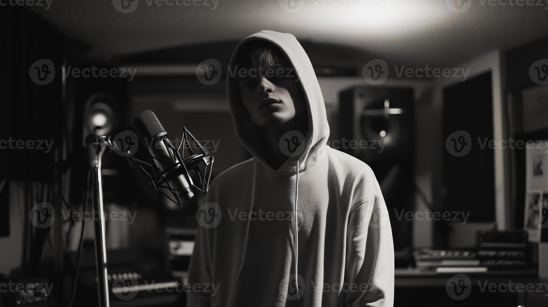 Young artist in a stylish hoodie stands before a microphone in a dimly lit recording studio during a creative session photo