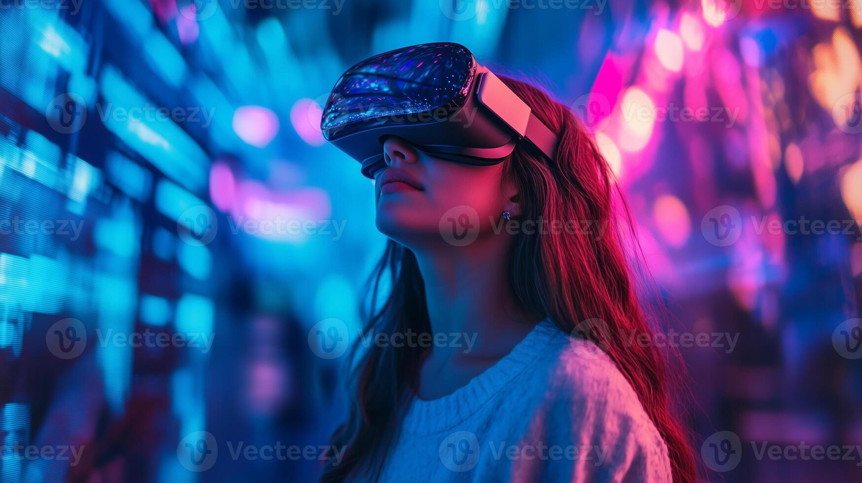 A woman experiences immersive virtual reality in a vibrant neon-lit environment during an evening event photo