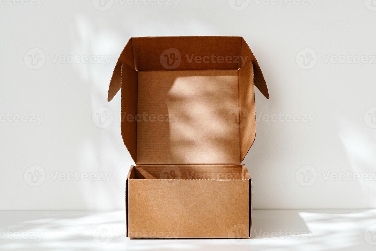 An open cardboard box rests on a bright white surface with soft shadows photo