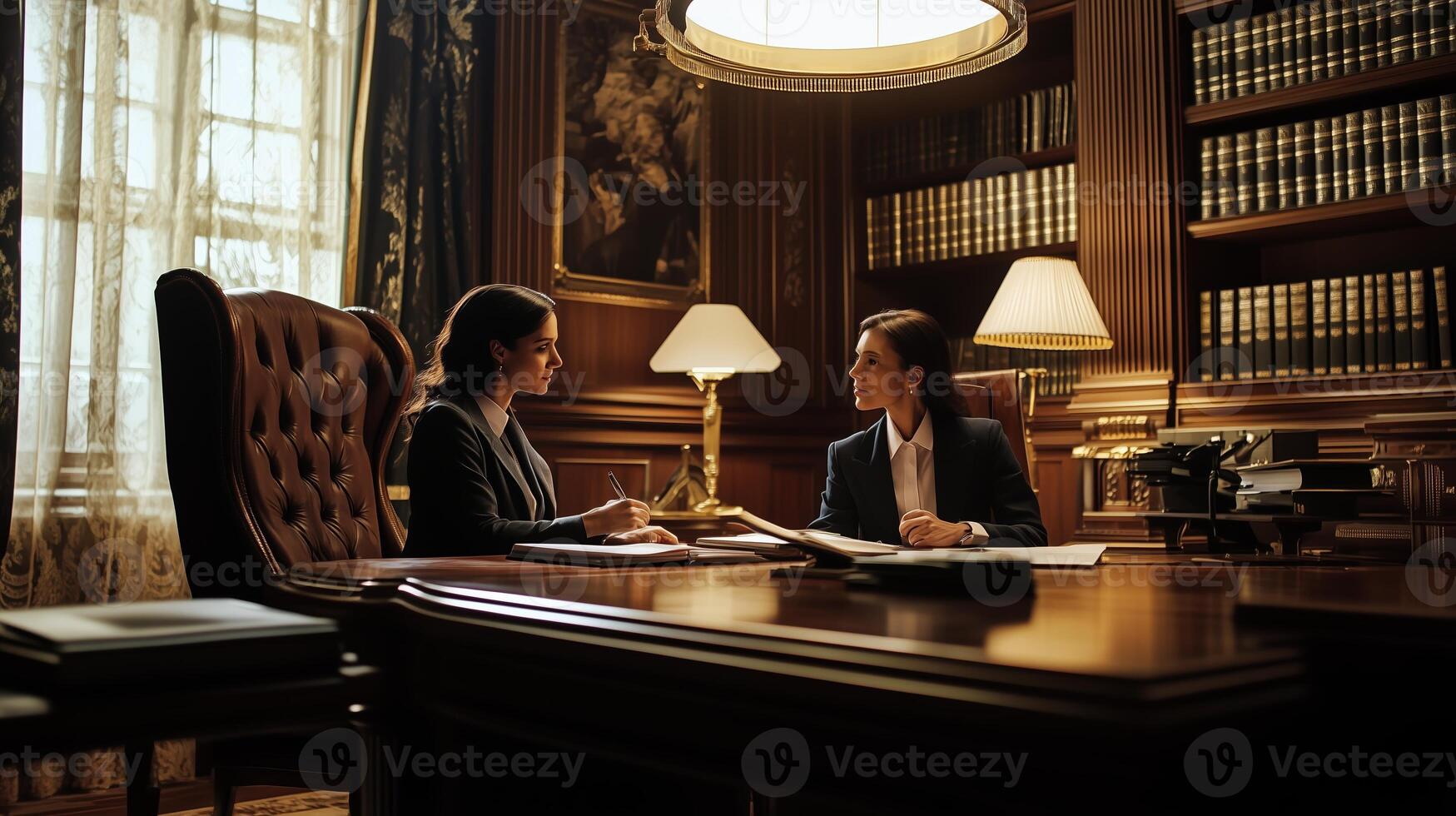 Two professionals engaged in a discussion in a stately office adorned with bookshelves and elegant decor photo