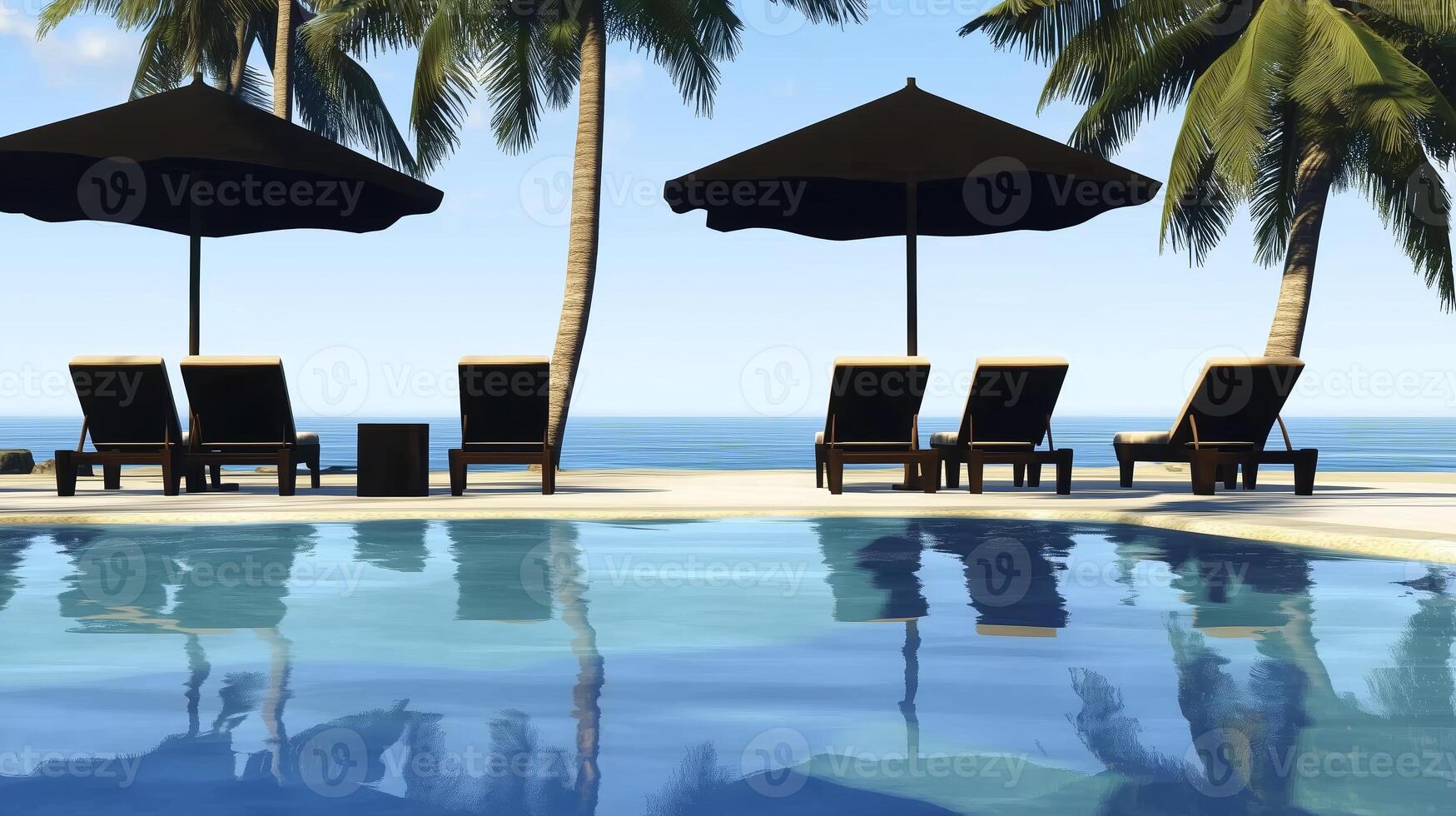 Relaxing beach resort with lounge chairs and umbrellas overlooking tranquil ocean waters under a clear blue sky photo