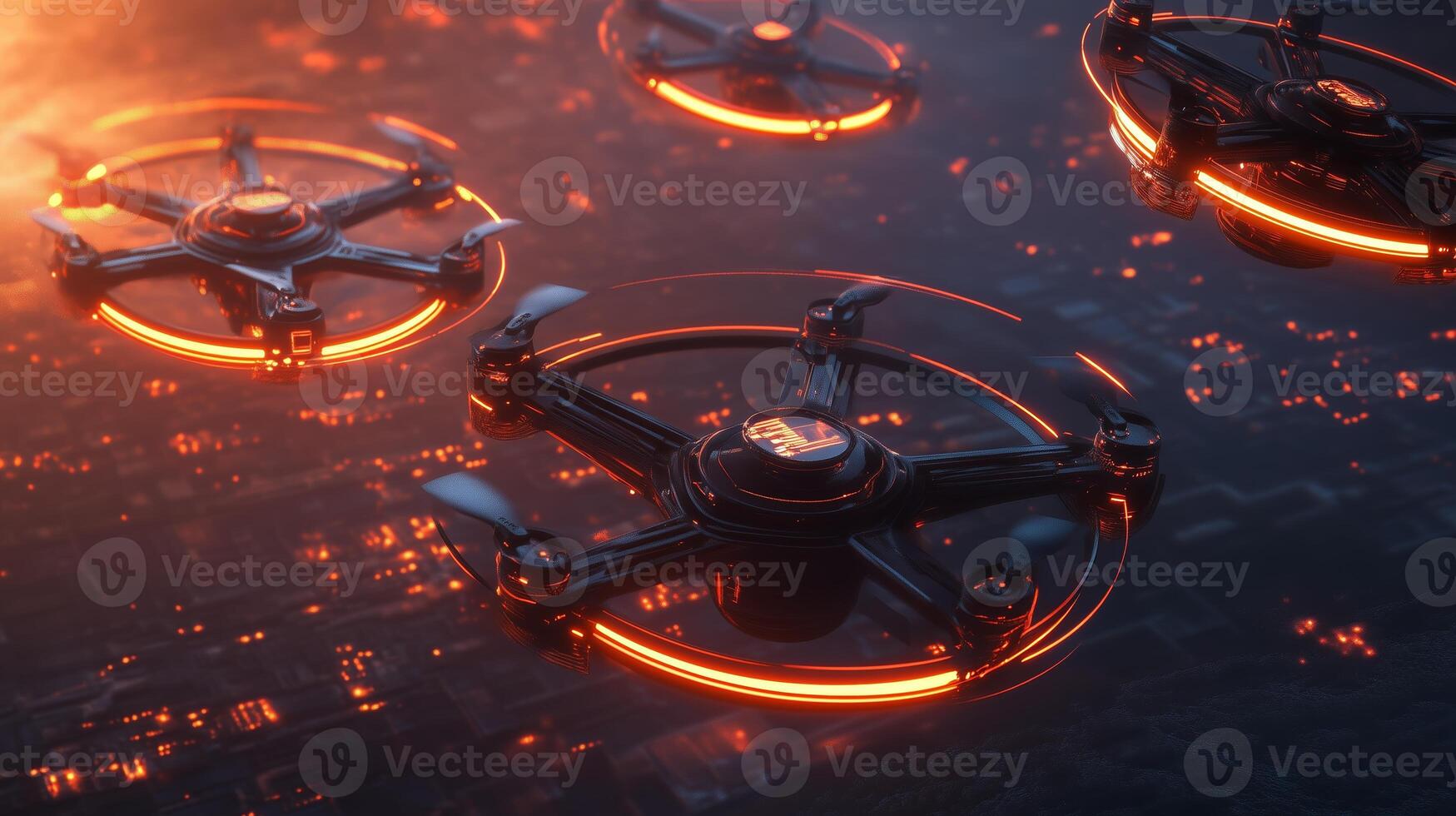 Drones with glowing lights flying over an urban landscape during dusk, showcasing technology and innovation in aerial surveillance photo