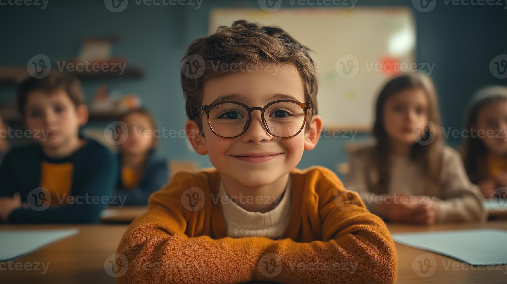 A cheerful young boy in a cozy classroom setting with classmates engaged in an art project during morning hours photo