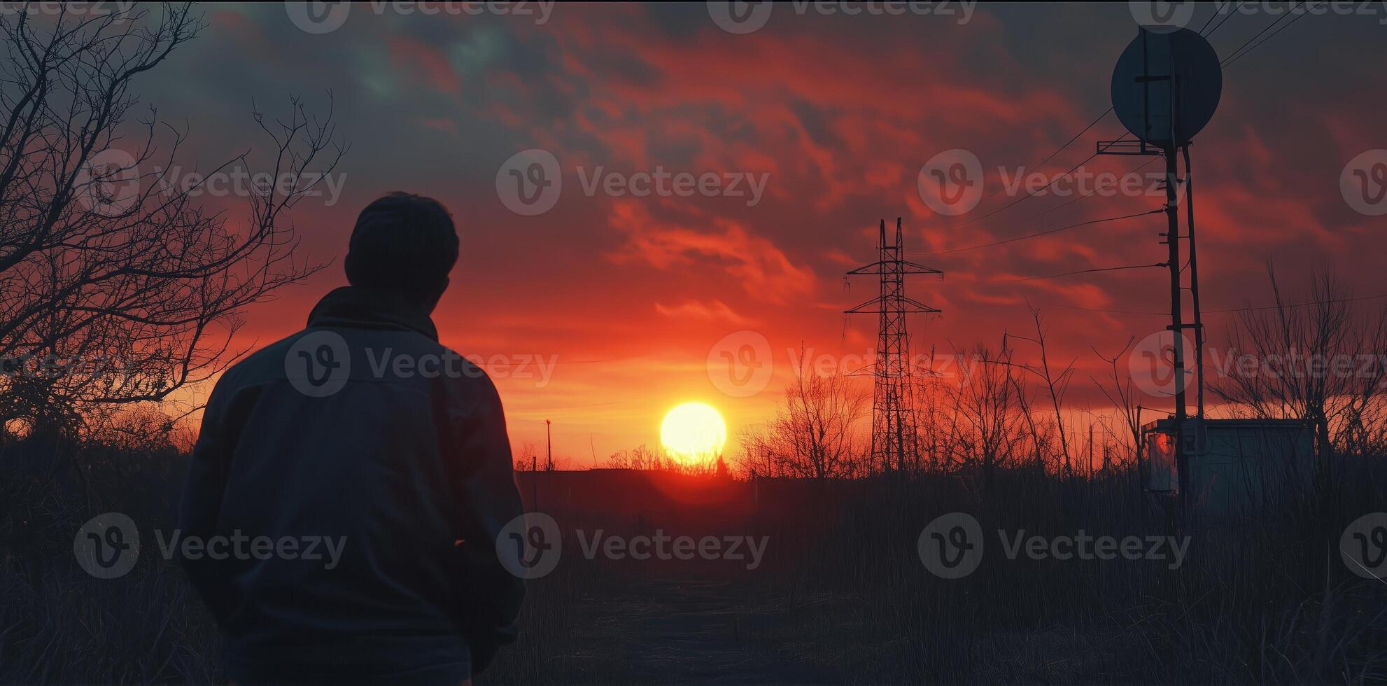A man stands alone against a vibrant sunset sky over an open field with tall grasses and distant power lines photo