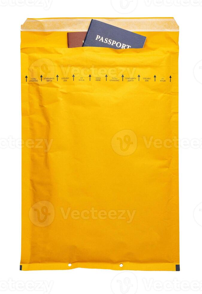 Brown envelope front and back isolated on white background. Letter top view. photo