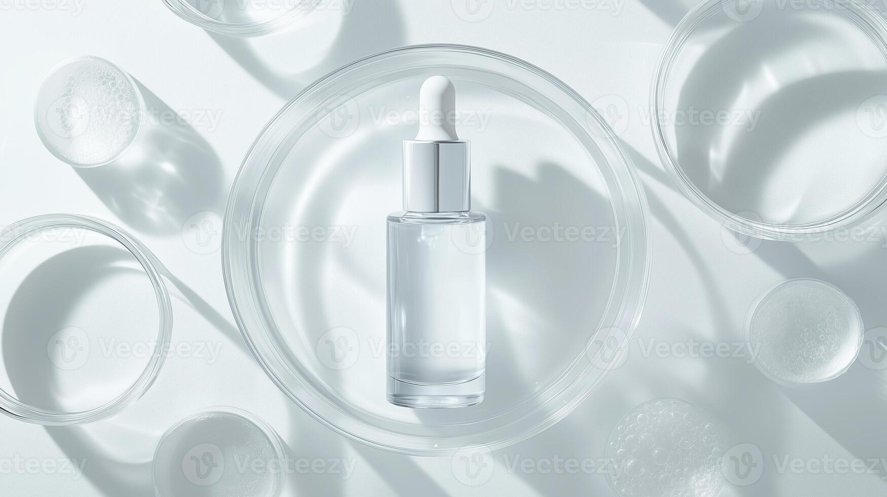 Clear glass dropper bottle placed at the center of round glass dishes on a white background, showcasing minimalist beauty product display photo