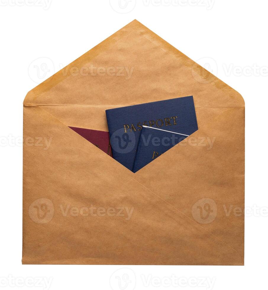 Recycled craft paper envelope isolated white background photo