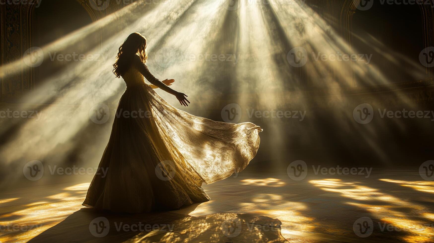 A graceful dancer in a flowing gown illuminated by soft beams of light in a majestic indoor setting photo