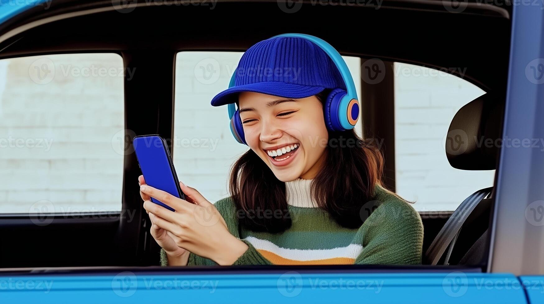 A young woman smiles joyfully while using a smartphone in a parked car on a sunny day photo