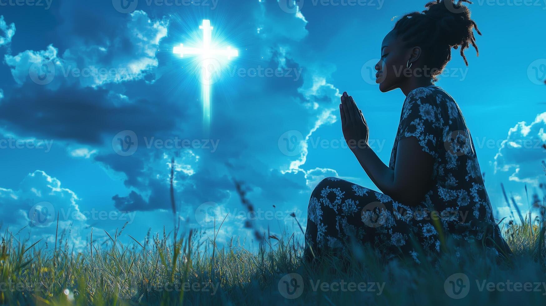 A woman in a floral dress prays in a serene field under a bright cross-shaped light during a vibrant sunset photo