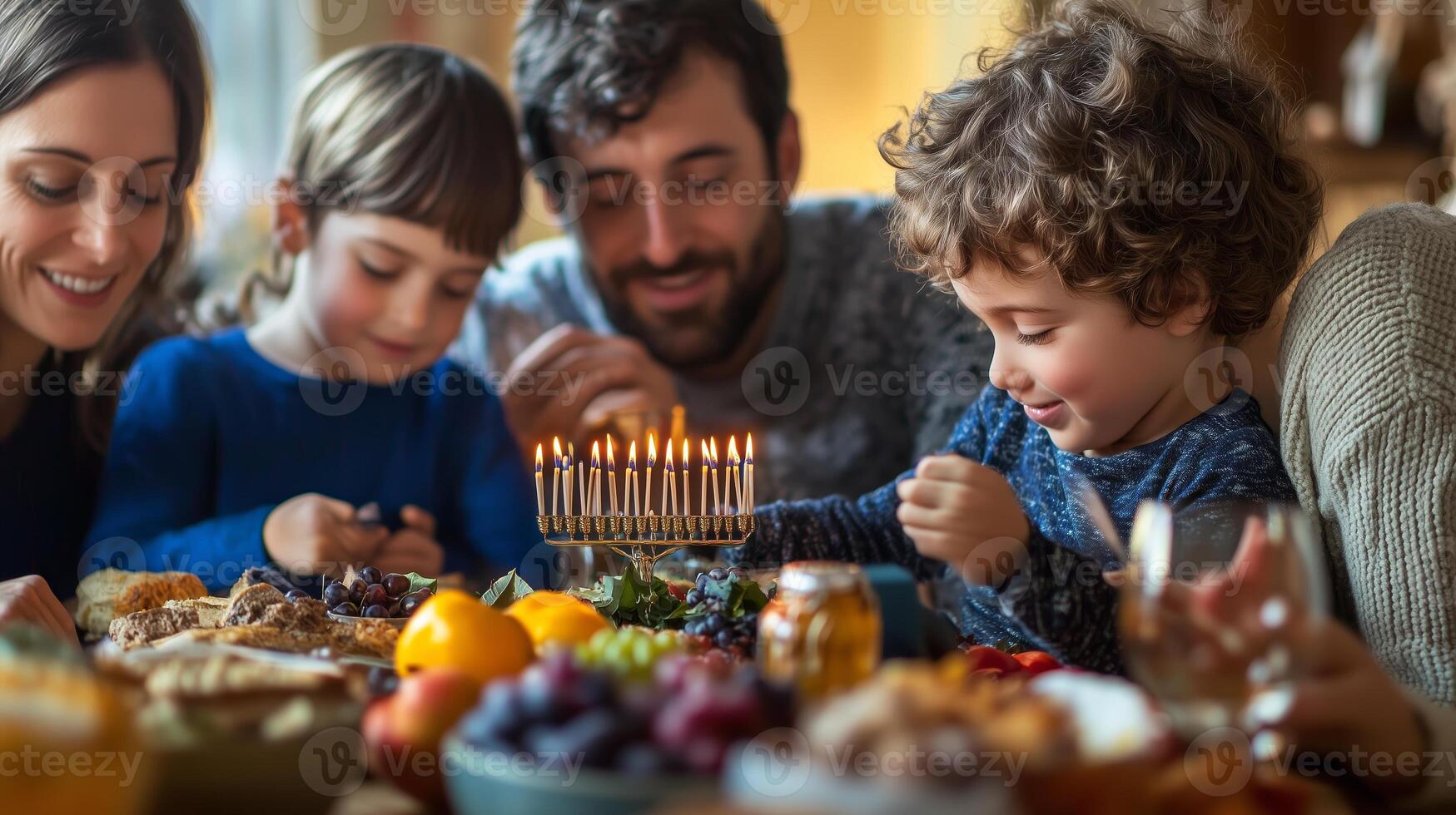 Family gathering around the table celebrating a joyful moment with traditional food and holiday lights during the evening photo