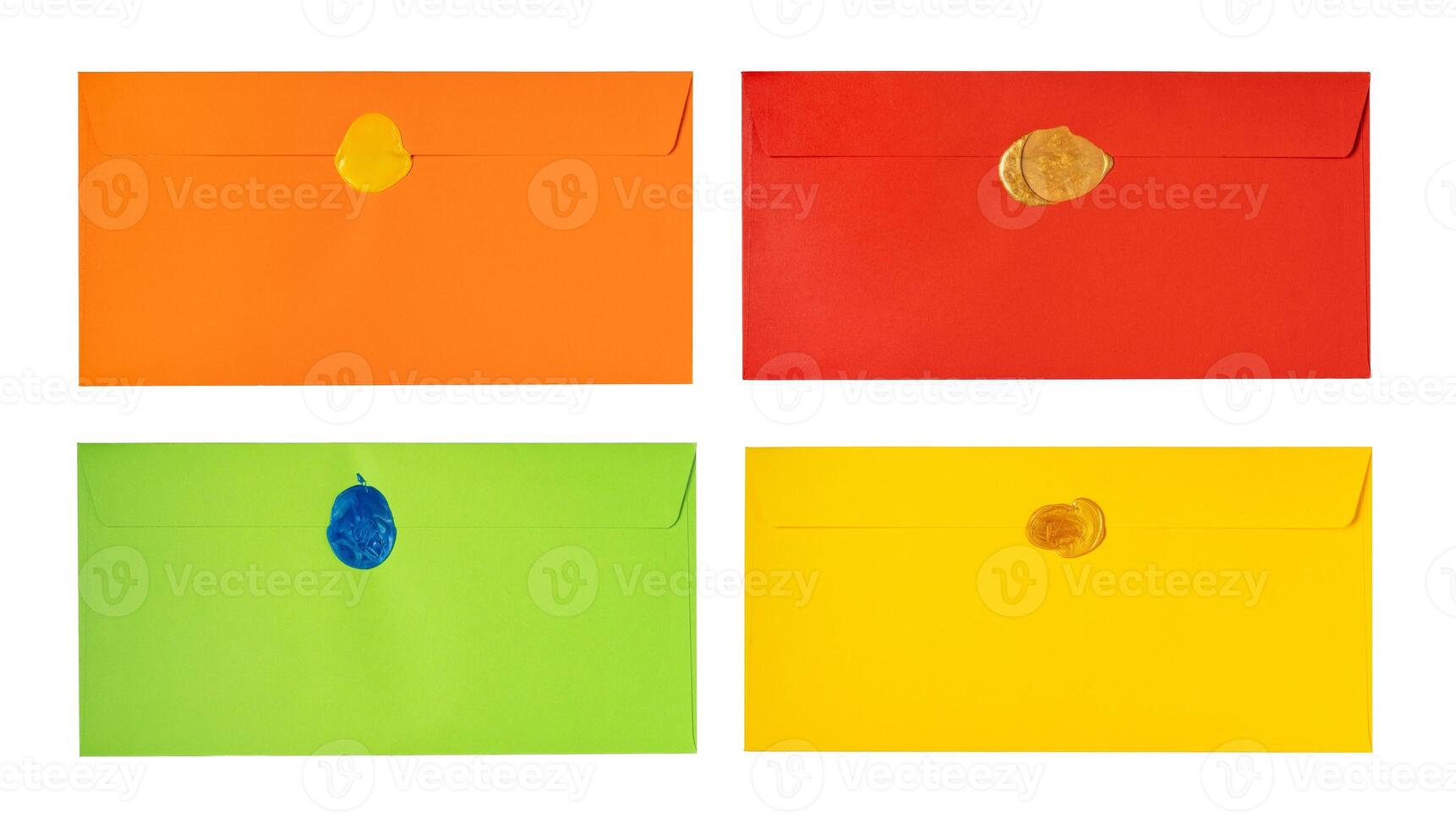 Top view of different envelopes on white background, collage photo